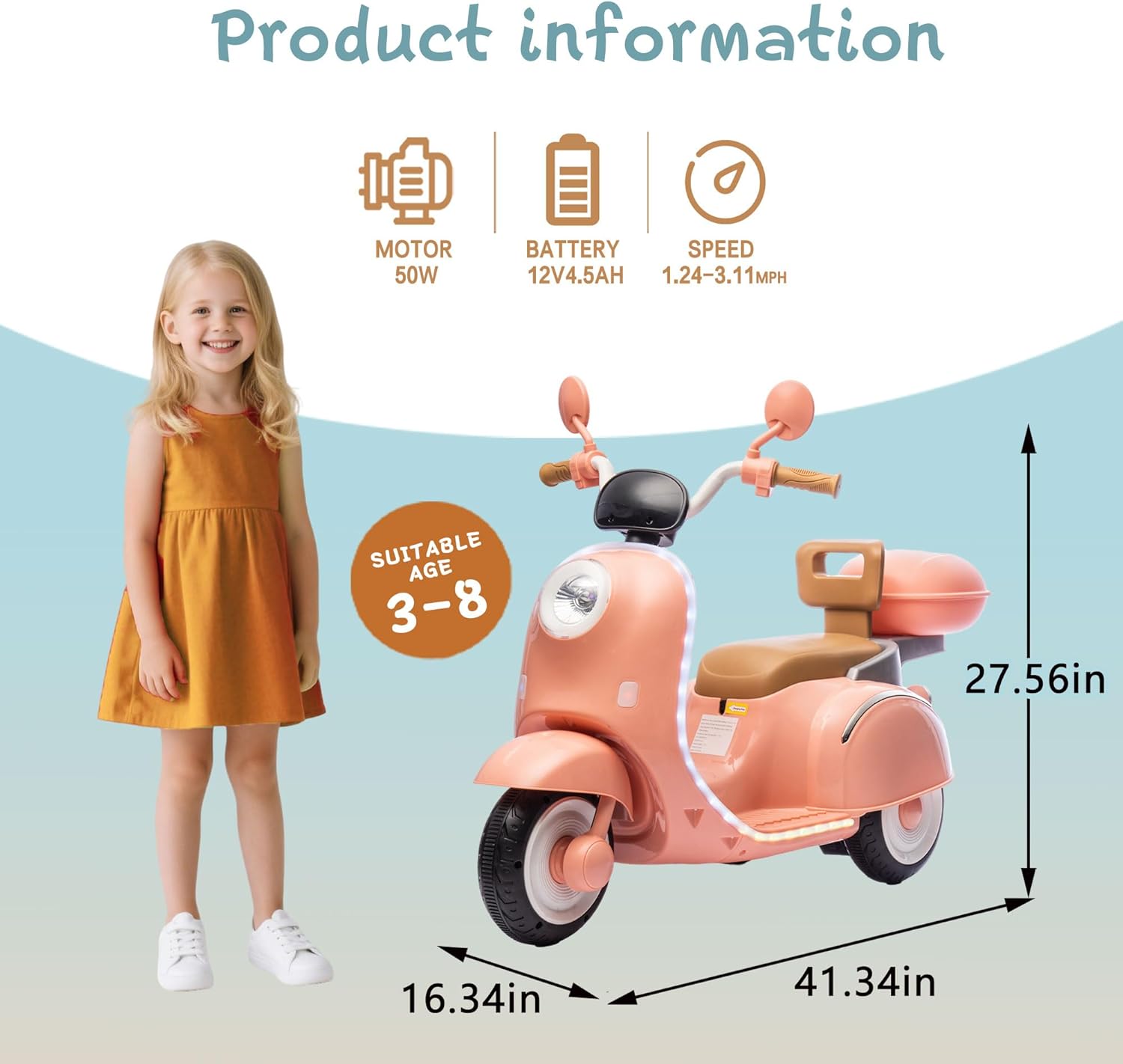 Kids Electric Motorcycle 12V Ride On Car with Storage Box Bluetooth Music 2 Seats Motorcycle