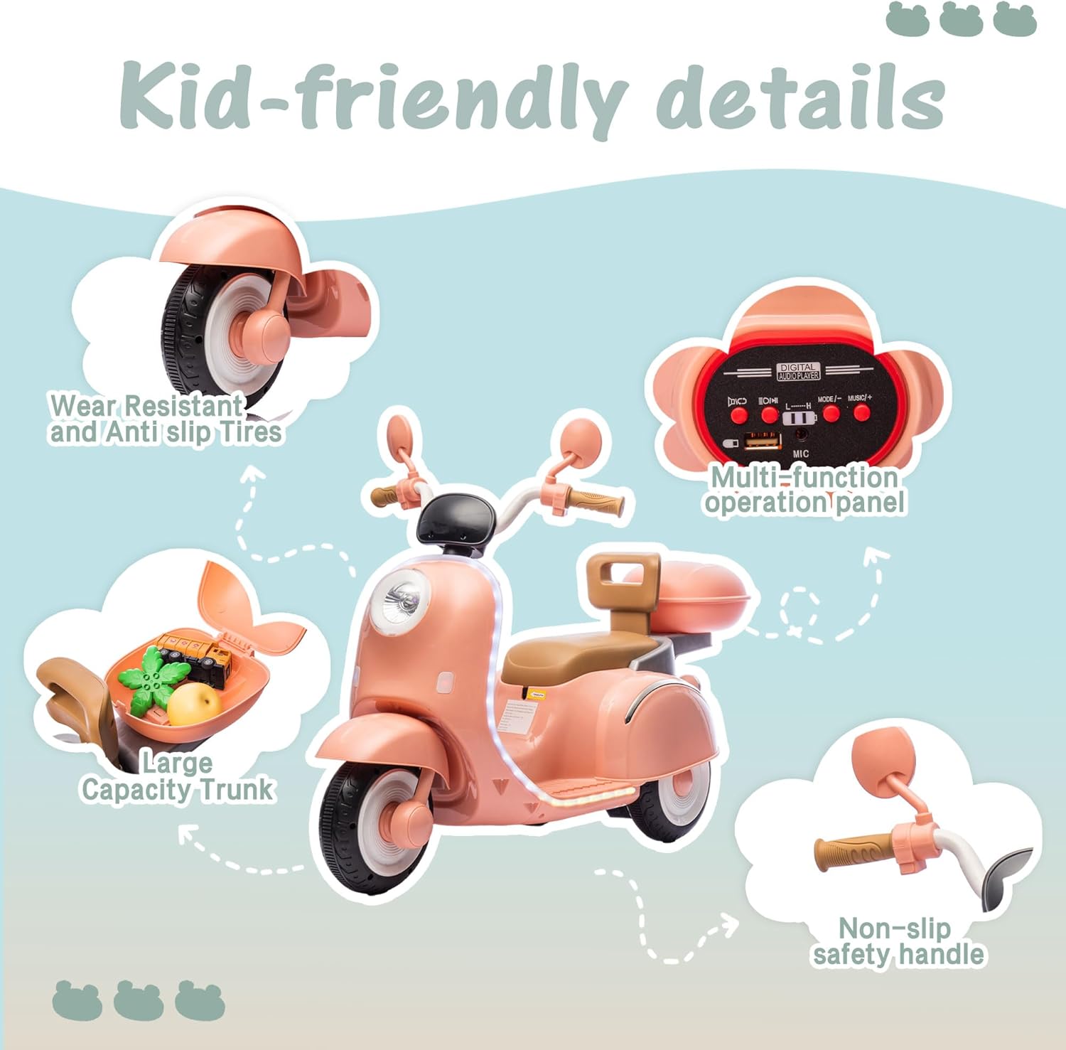 Kids Electric Motorcycle 12V Ride On Car with Storage Box Bluetooth Music 2 Seats Motorcycle