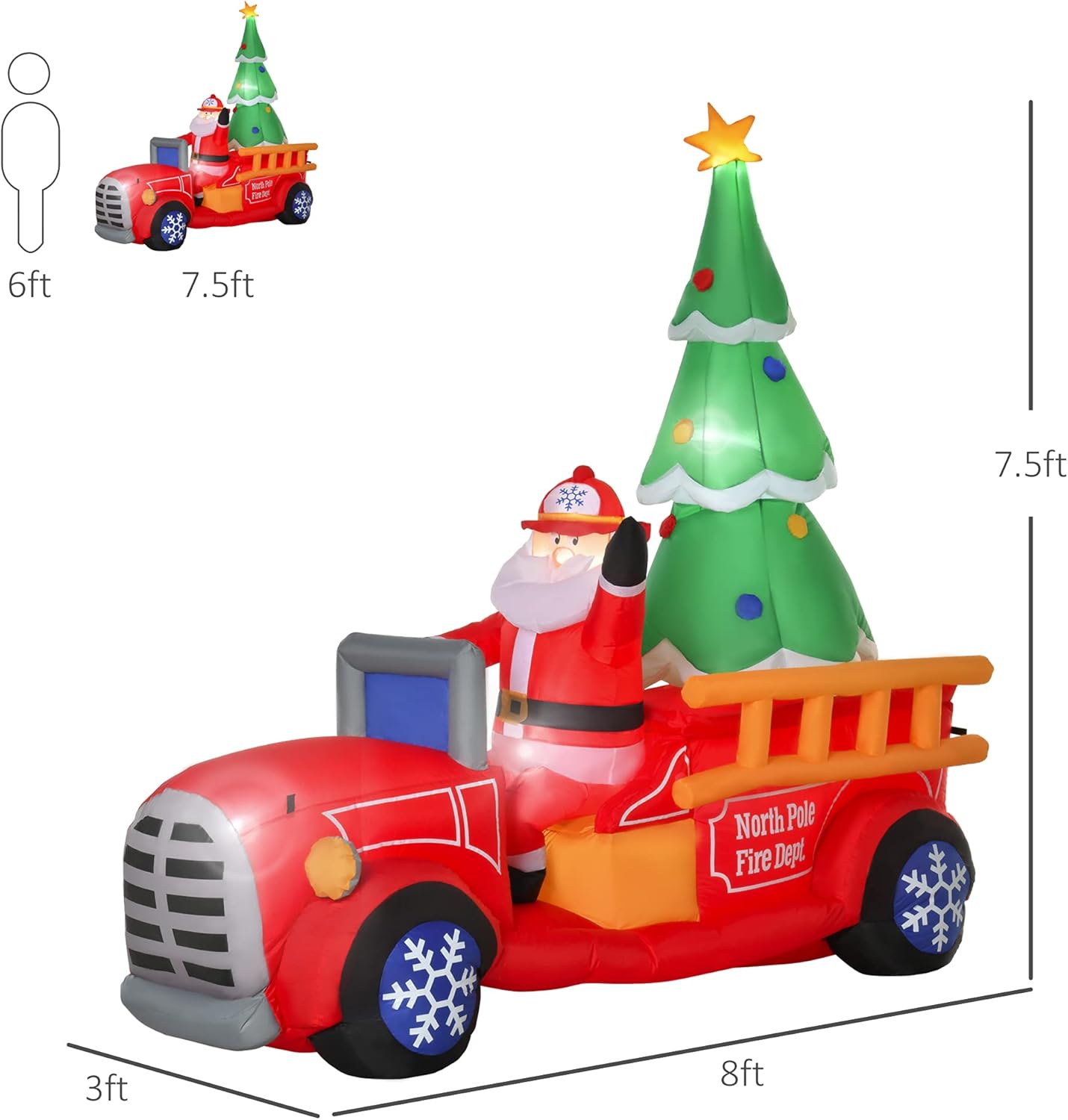 7.5ft Christmas Inflatable Toy with LED Lights Santa Claus Driving a Fire Truck with Tree Outdoor Decoration