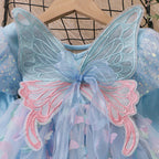 Girls Light Up Dress LED Long Sleeve Princess Party Dress with Fairy Wings and Tulle Bow Veil