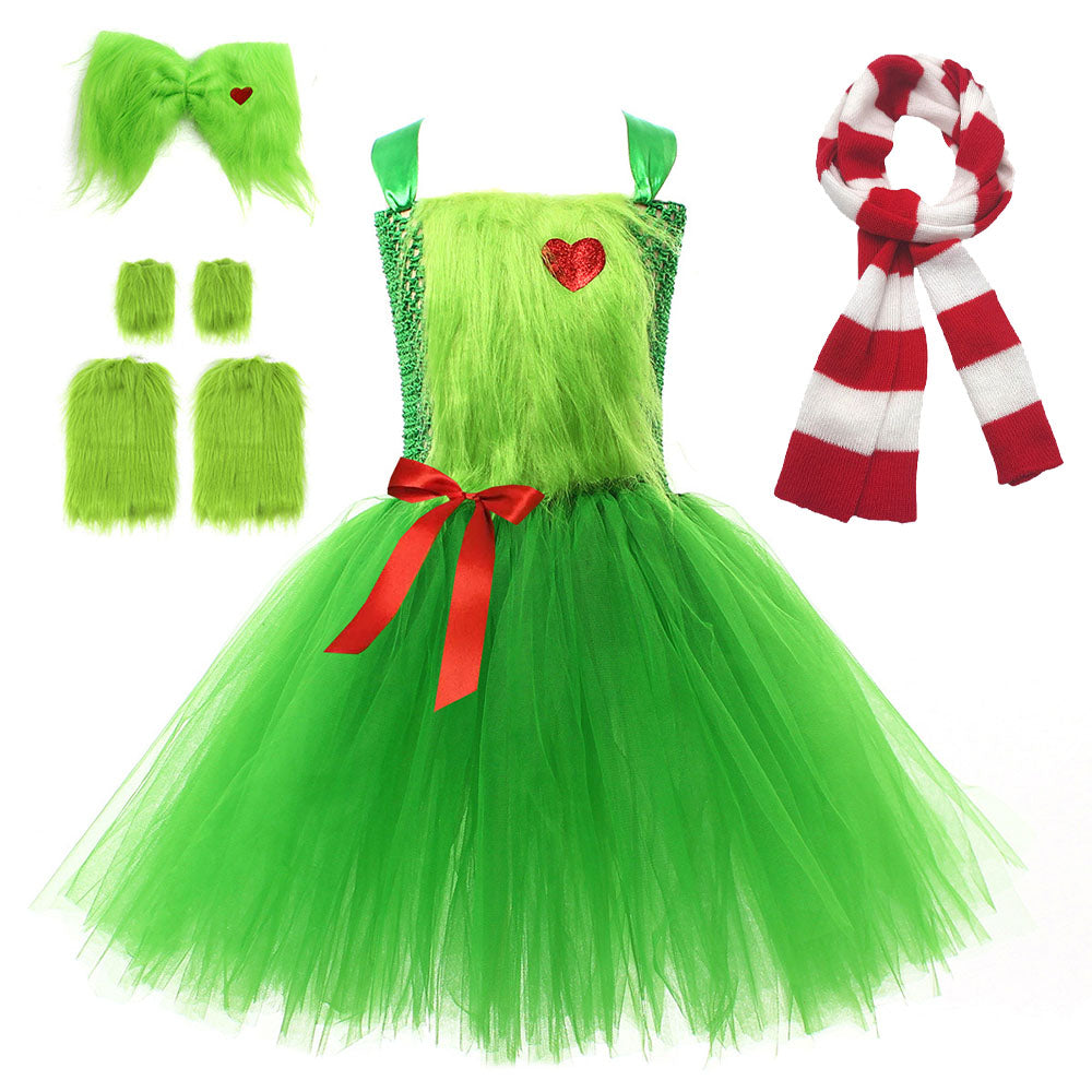 Girls Xmas Costume Green Dress Scarf with Warmers Full Set Perfect Christmas Gift