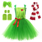 Girls Xmas Costume Green Dress Scarf with Warmers Full Set Perfect Christmas Gift