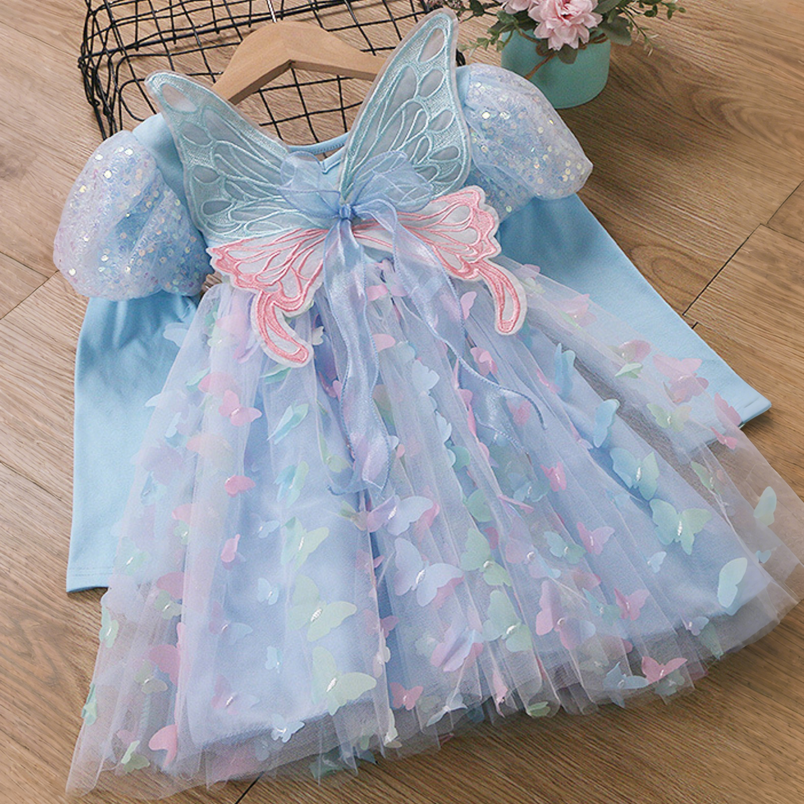 Girls Light Up Dress LED Long Sleeve Princess Party Dress with Fairy Wings and Tulle Bow Veil