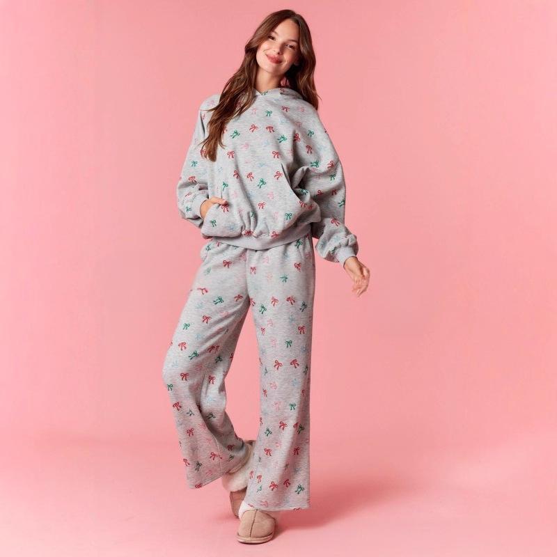 Ladies Christmas Pajamas Hooded Sweatshirt with High Waist Wide Leg Pants for Daily Wear