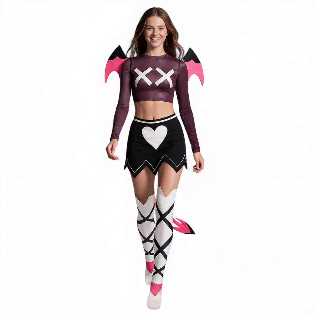 Women Verosika Costume Demon Crop Tops Skirt Wing and Tail Full Set