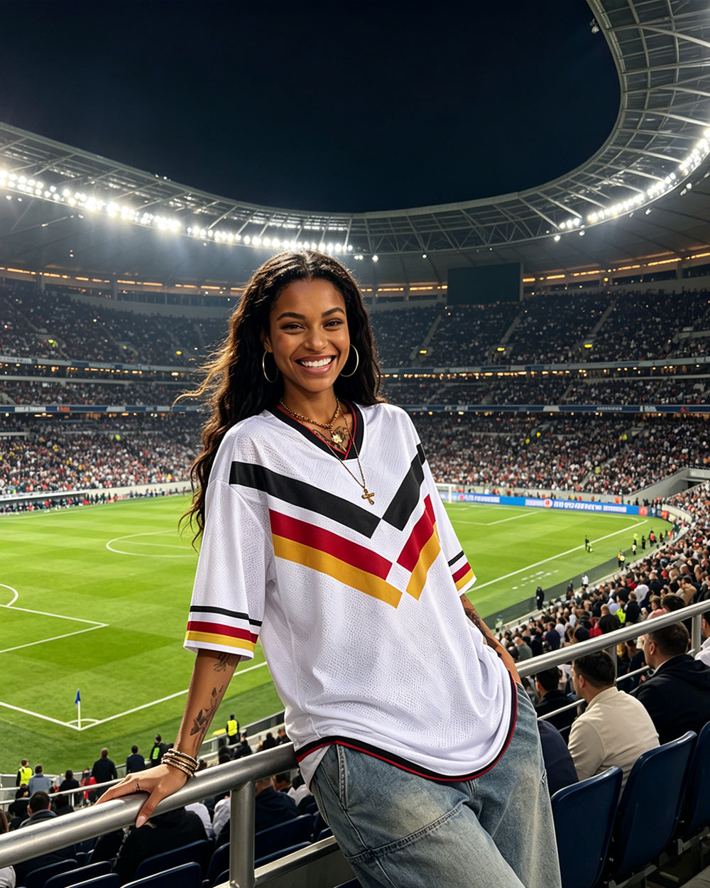 Women German Football Jersey White Oversized V Neck T Shirt for Game Day Football Fan Watch Party