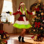 Women Christmas Costume Red Fluffy Thick Dress and Hat Full Set