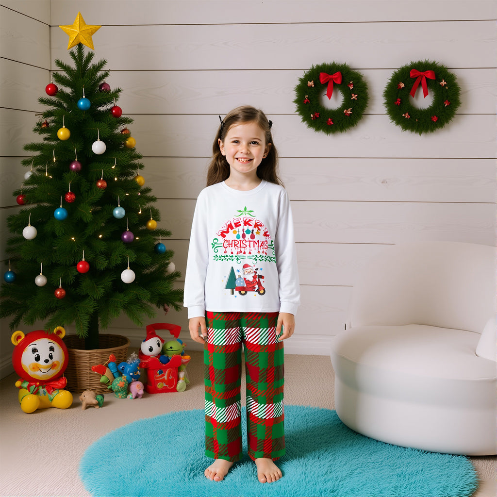 Family Christmas Pajamas Merry Christmas Print Top with Red-Green Plaid Pants Xmas Jammies Set