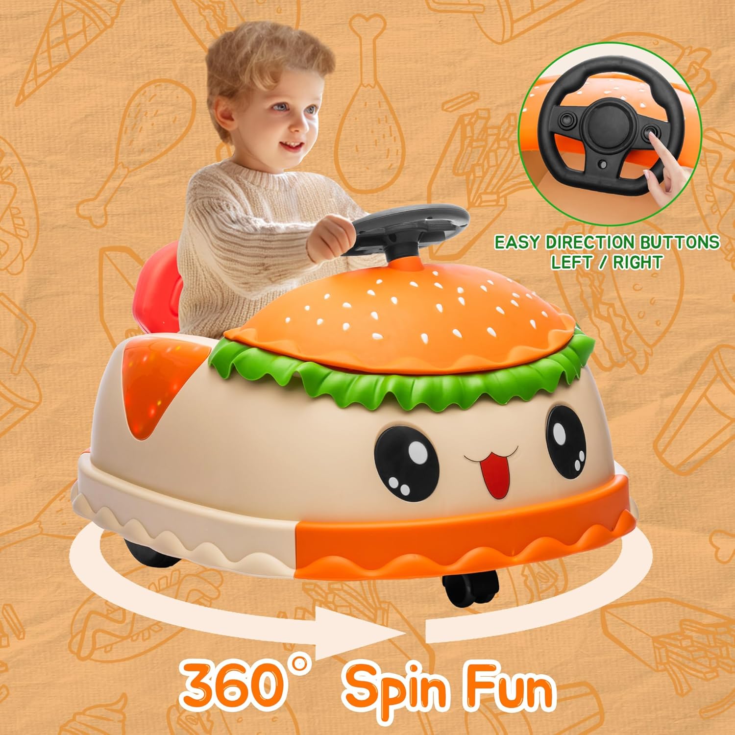 12V Electric Bumper Kids Ride On Car with Remote Cute Burger Design 360° Spin Toy