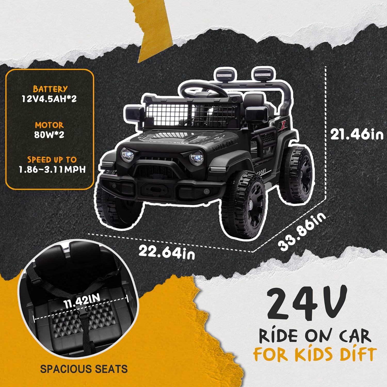 24V Kids Ride on Car 2 Seats Adjustable Speed Truck with Remote Control Light Music
