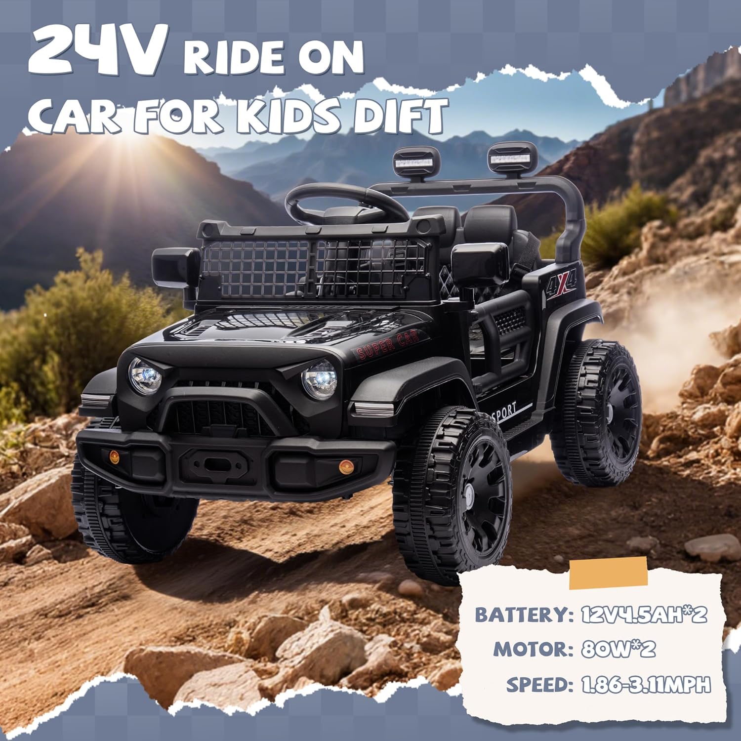 24V Kids Ride on Car 2 Seats Adjustable Speed Truck with Remote Control Light Music