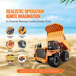1/18 Scale RC Dump Truck 9CH RC Remote Control Car Toy Rechargeable Battery Construction Vehicle for Kids
