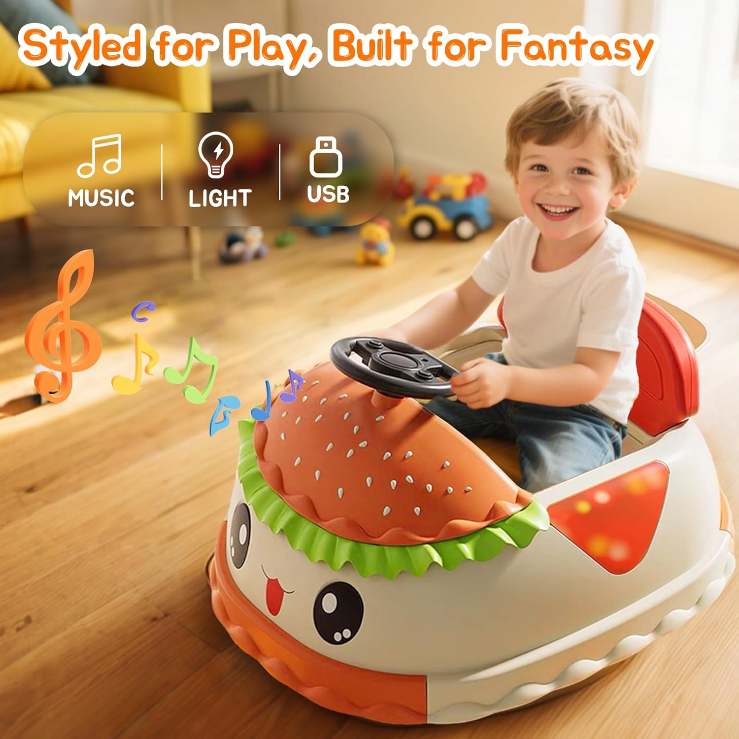 12V Electric Bumper Kids Ride On Car with Remote Cute Burger Design 360° Spin Toy