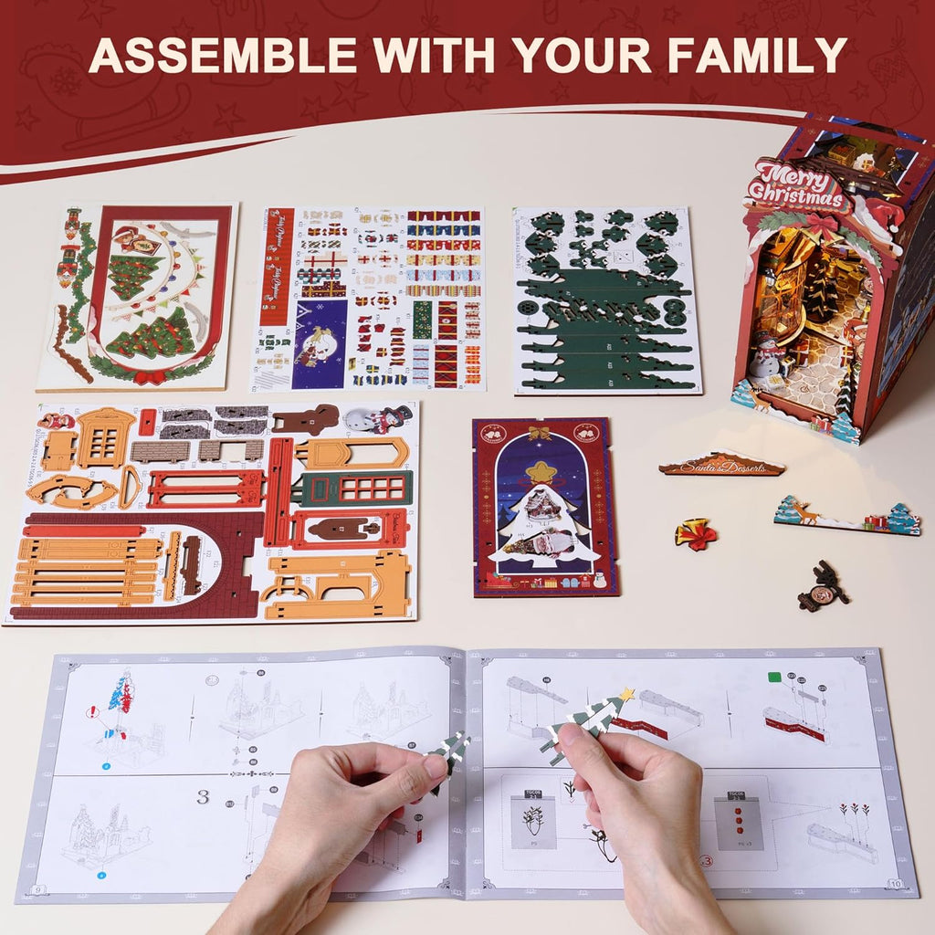 3D Wooden Puzzle Book Nook Kit DIY Miniature Dolls with LED Light Book Shelf Decoration
