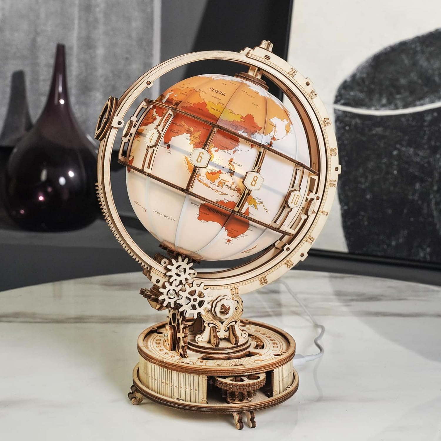180pcs Wooden Puzzle Globe Model with LED Light 3D Illuminated Rotating Globe for Adult and Kids