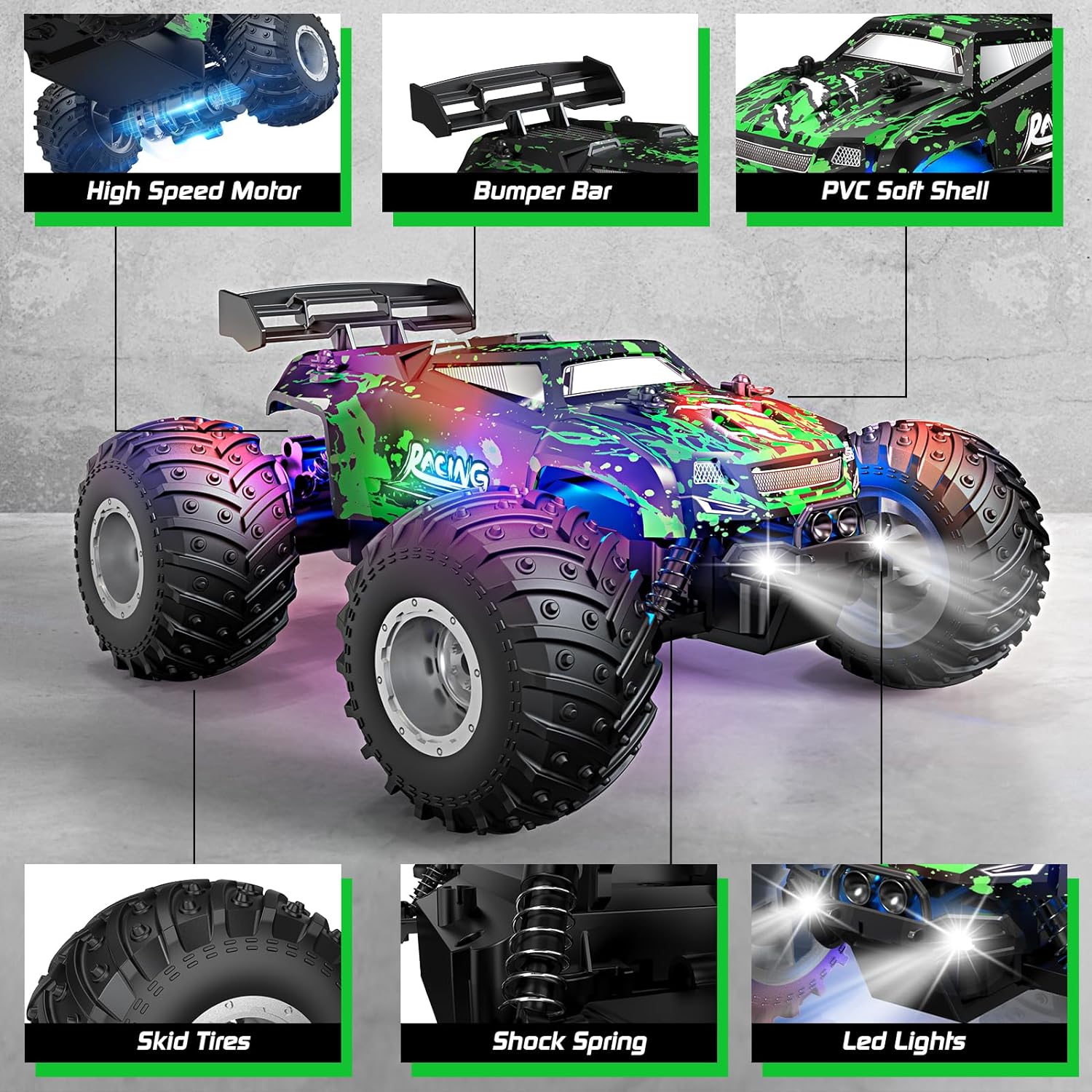 20KM/H Remote Control Car 1/18 RC Monster Off-road Truck All Terrain RC Car with Colorful Light