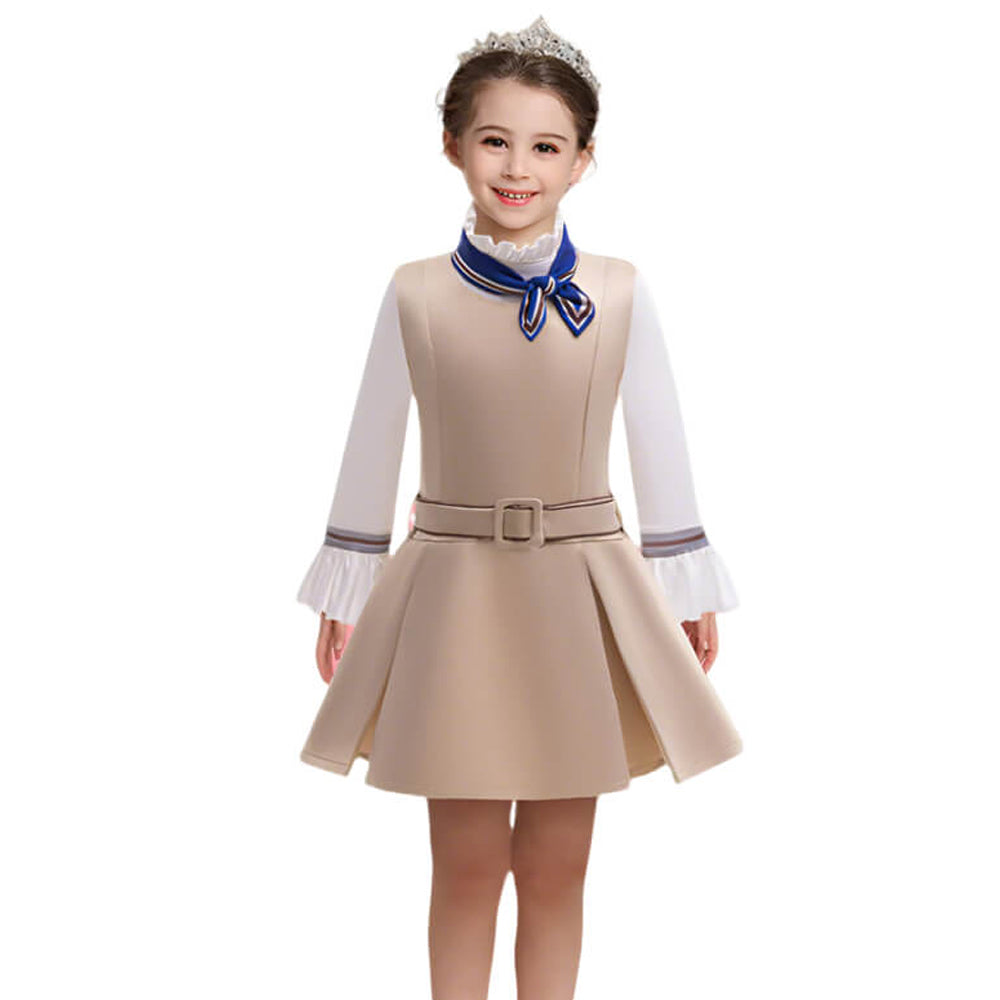 Girls Megan Costume Killer Robot Khaki Pleated Sleeveless Dress with Shirt Belt Scarf Full Set