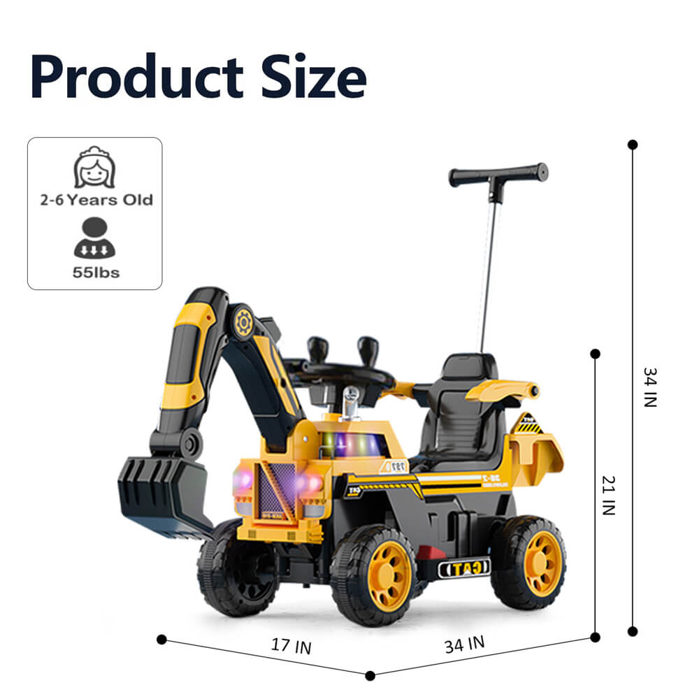 Kids Electric Ride-On Excavator w/ Push Bar Extended Wide Safe Seat With Front Power Arm & Light Music
