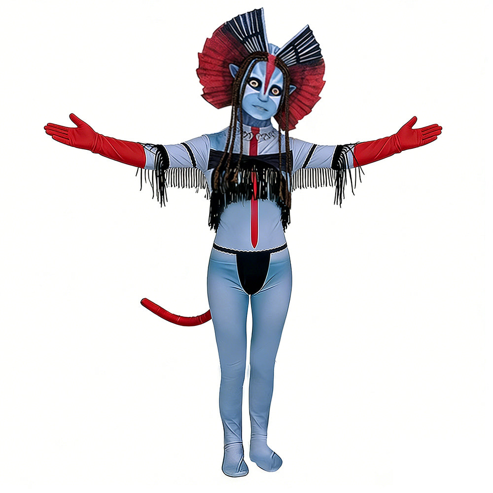 Varang Costume Ash Clan Leader Na'vi Long Tailed Jumpsuit with Headdress for Cosplay