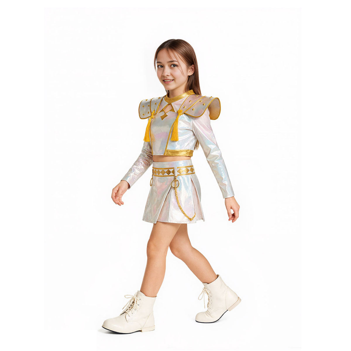 Pop Idol Costume White PU Leather Outfit Stage Performance Dress for Halloween Cosplay