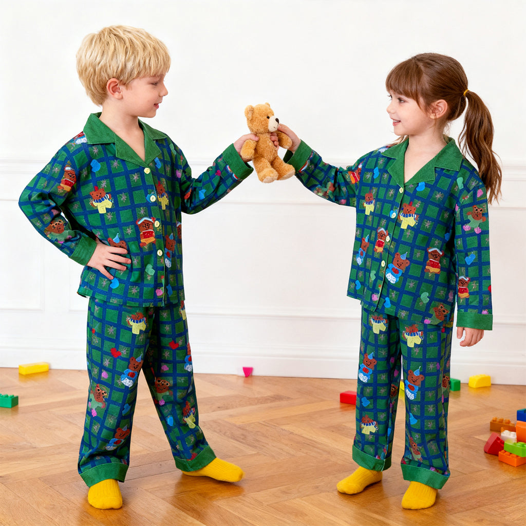 Kids Christmas Pajamas Unisex Green Long Sleeve Button Down Loungewear Plaid Xmas Jammies