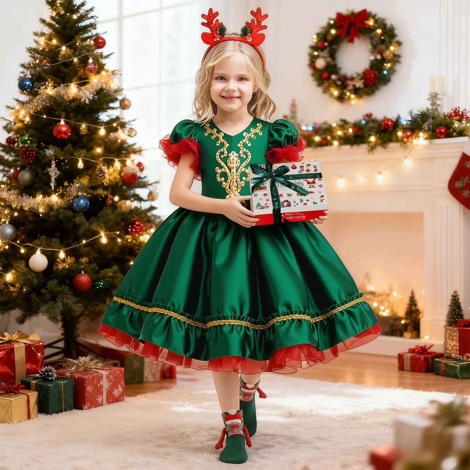 Girls Christmas Dress Headband Magnetic Hand Holding Socks Ready to Ship Xmas Costume in Gift Box