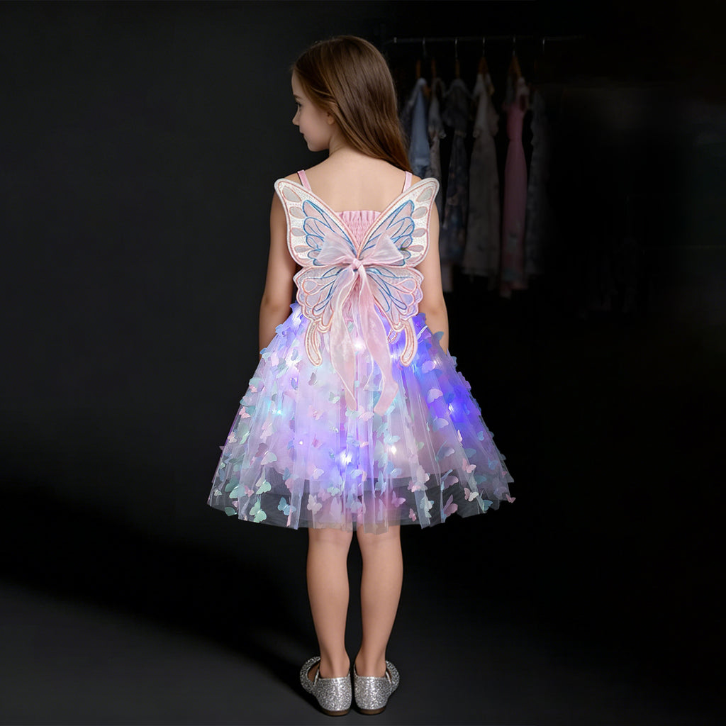 Girls Glow Party Dress Light Up Butterfly Tulle Gown with 3D Wing Sparkly Fairy Costume with Colorful Lights