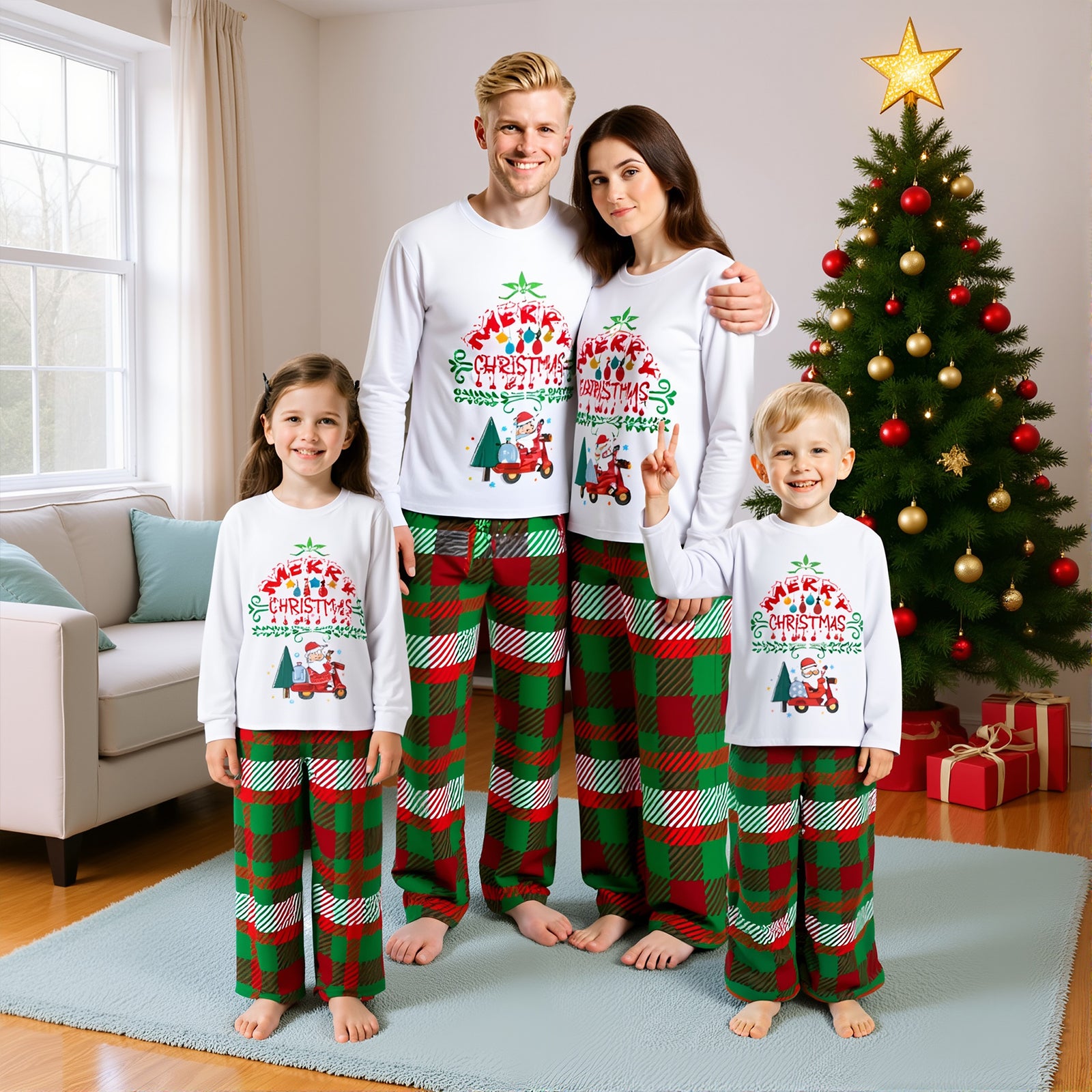 Family Christmas Pajamas Merry Christmas Print Top with Red-Green Plaid Pants Xmas Jammies Set