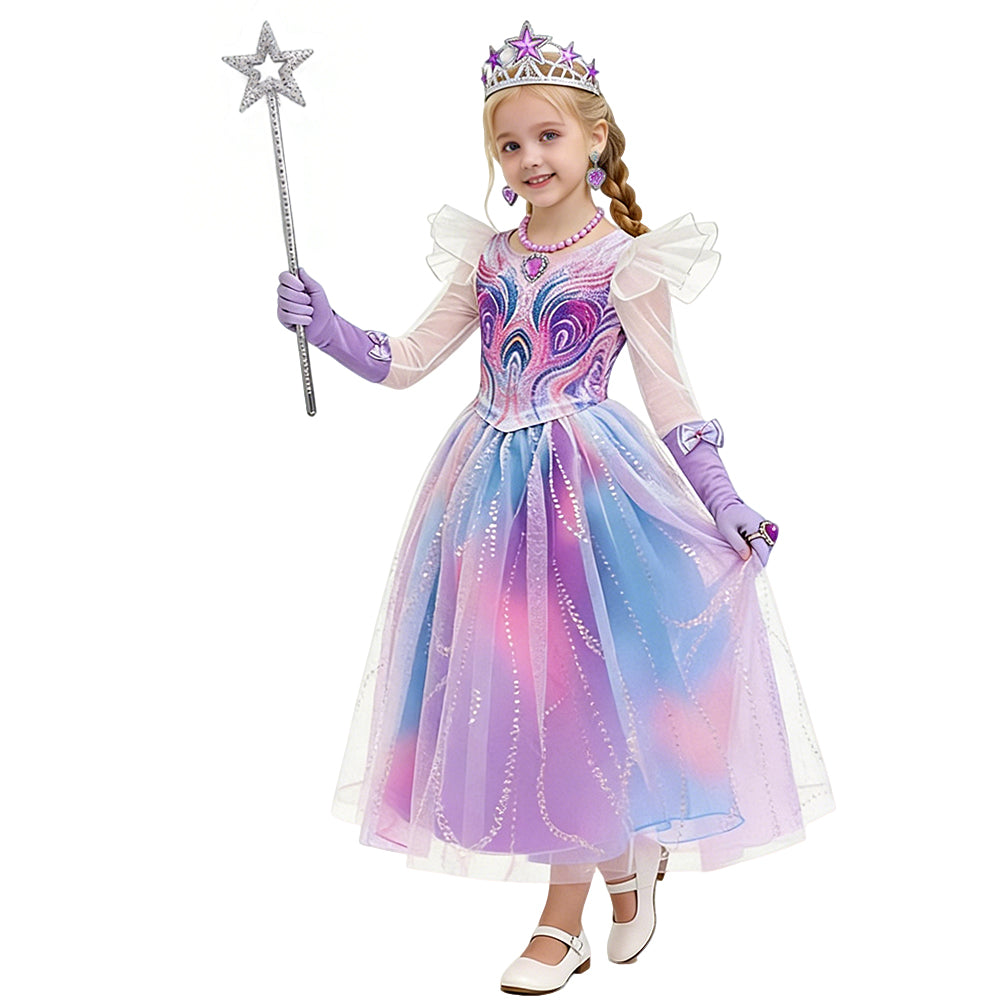 Girls Glinda Costume The Good Witch Musical Cosplay Dress with Crown and Fairy Wand Full Set