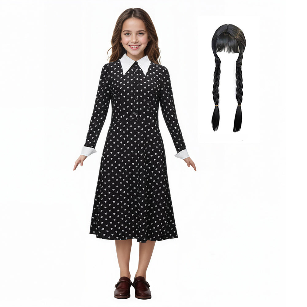 Girls Wednesday Addams Dress Wednesday Costume White Peter Pan Collar Wednesday Outfits and Wig