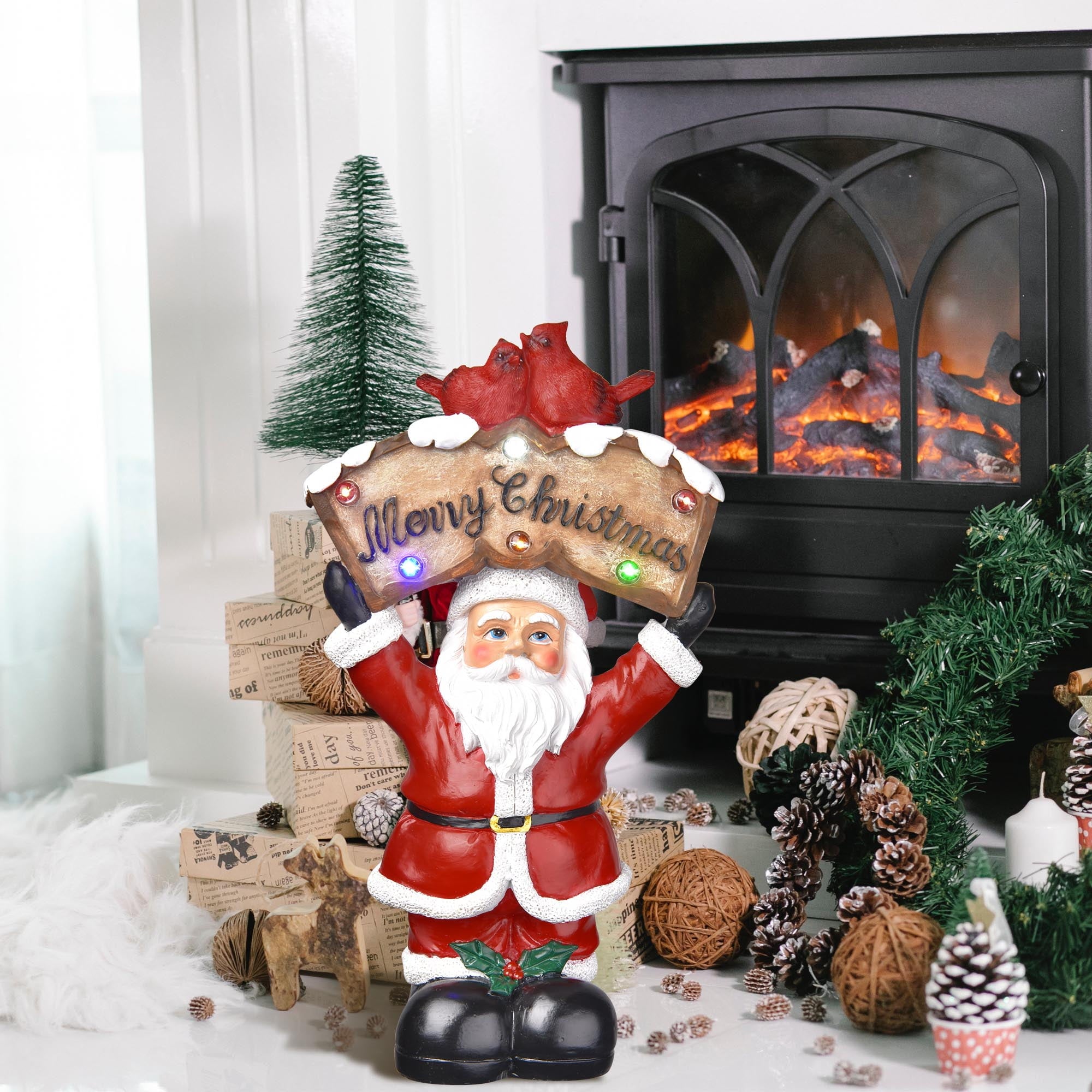 Resin Santa Claus with LED Light Christmas Tabletop Decoration Home Holiday Gift