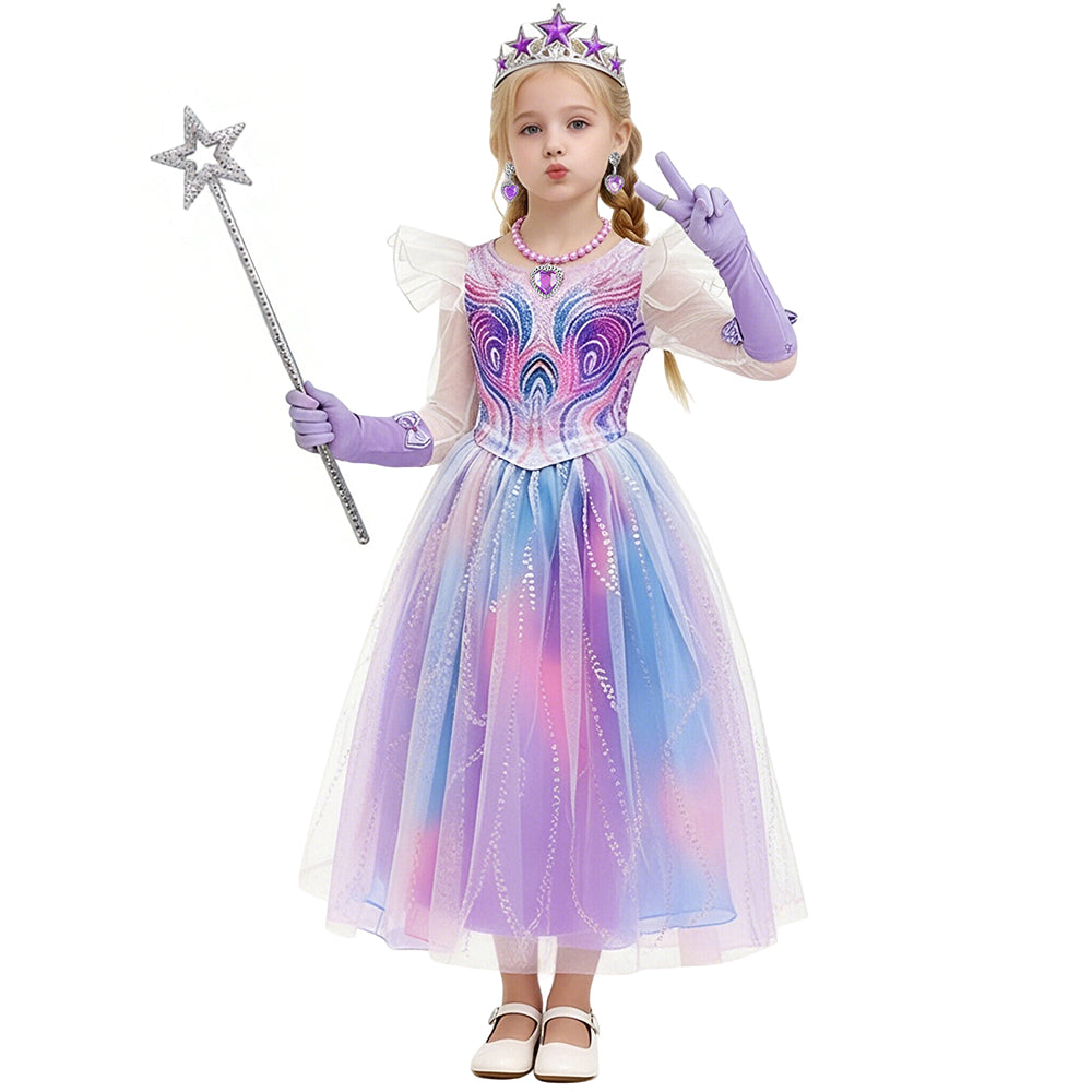 Girls Glinda Costume The Good Witch Musical Cosplay Dress with Crown and Fairy Wand Full Set