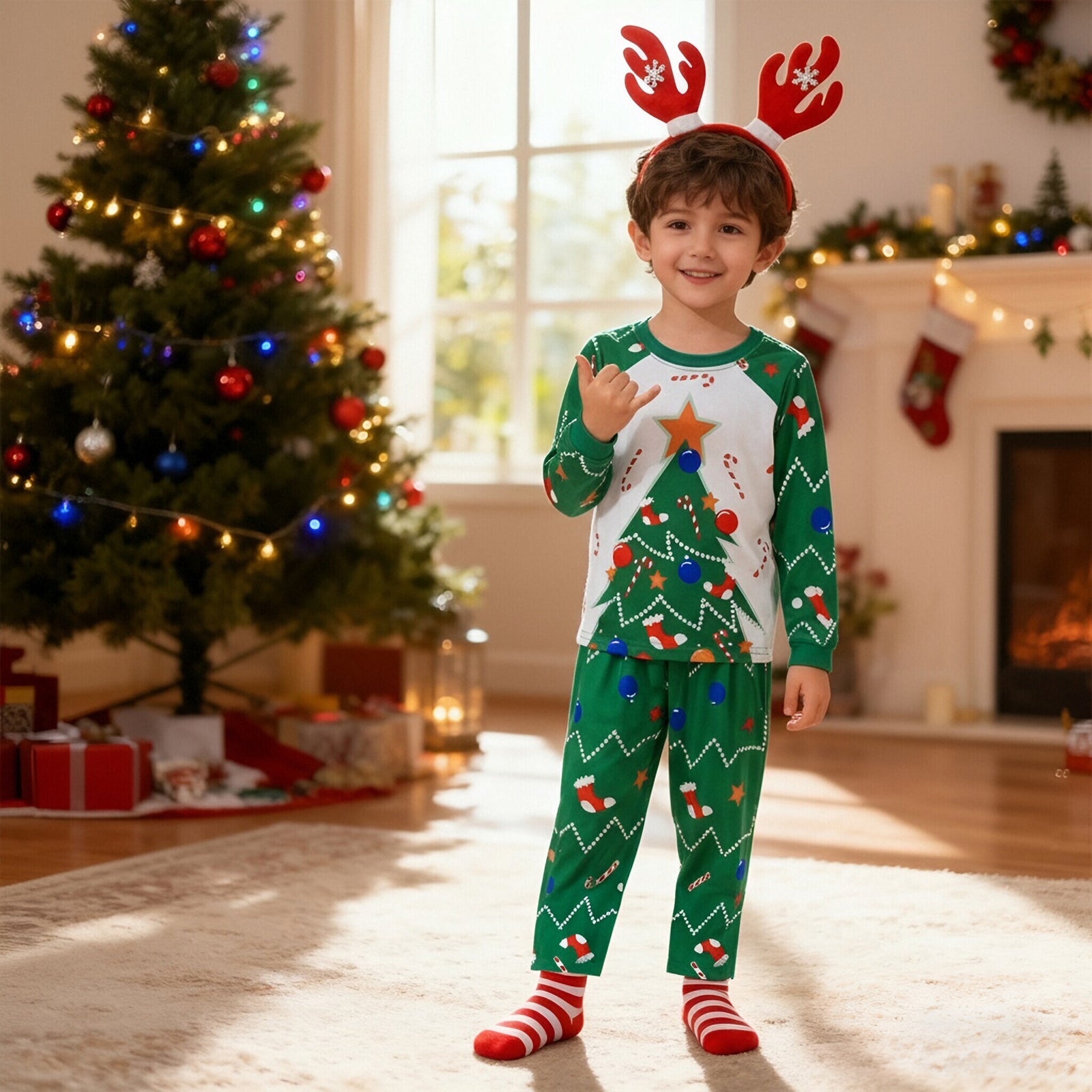 Kids Christmas Pajamas with Socks and Headband Xmas Holiday Outfit for Boys Girls