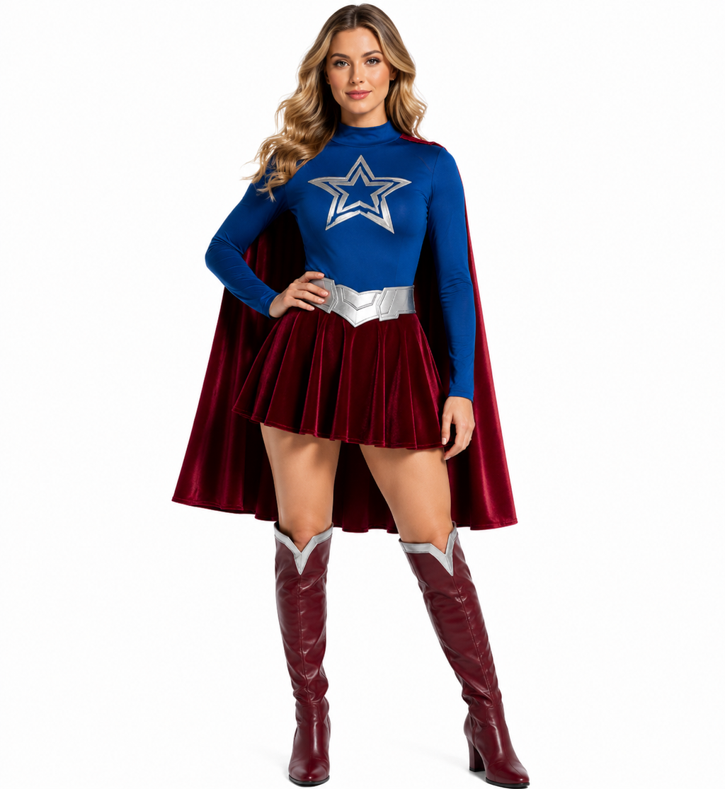 Girls Women Heroine Costume Long Sleeve Velvet Pleated Dress with Red Detachable Cape for Comic Con