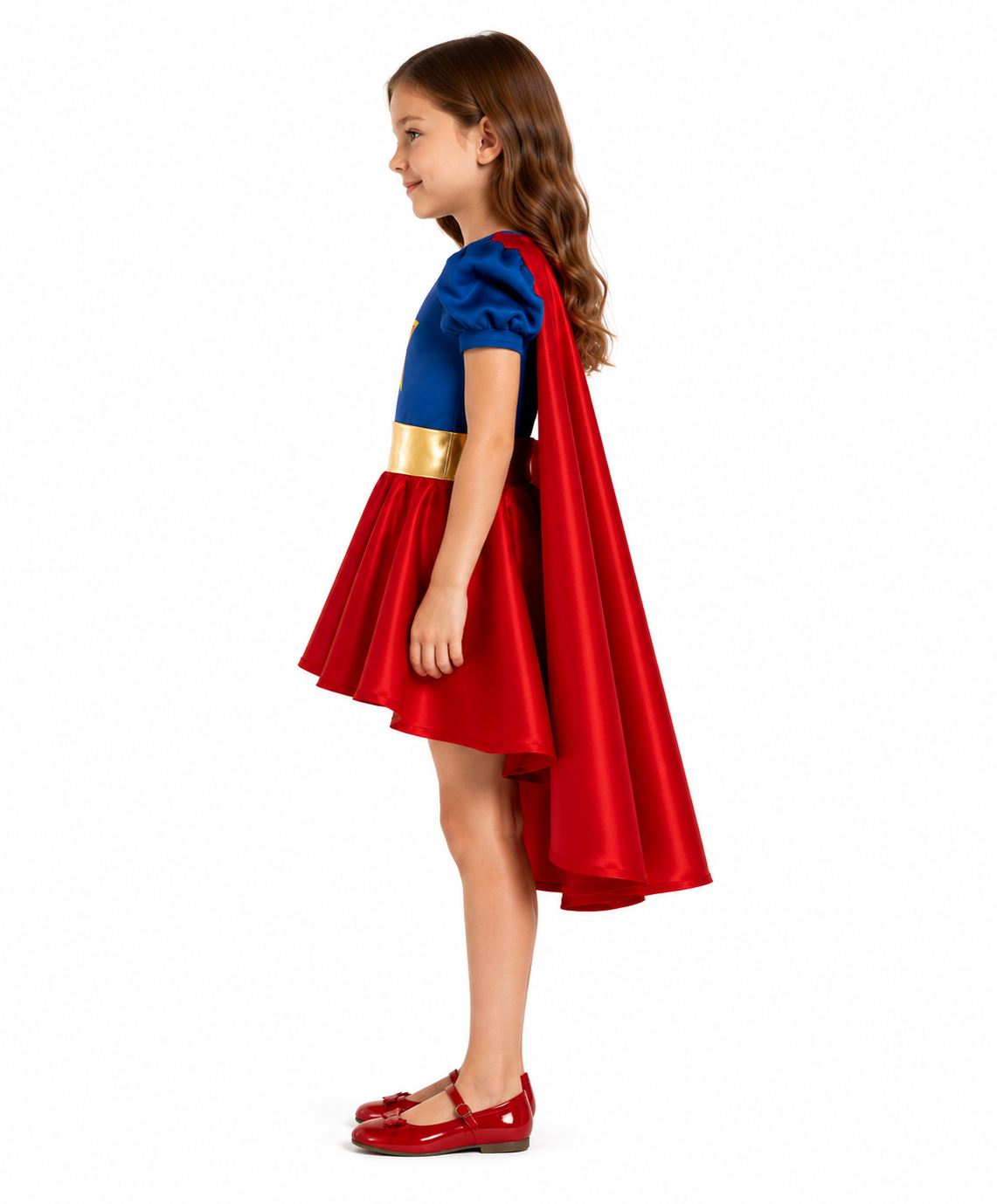 Girls Blue and Red Superhero Dress with Cape Shiny Gold Belt Red Star Costume for Halloween Themed Party