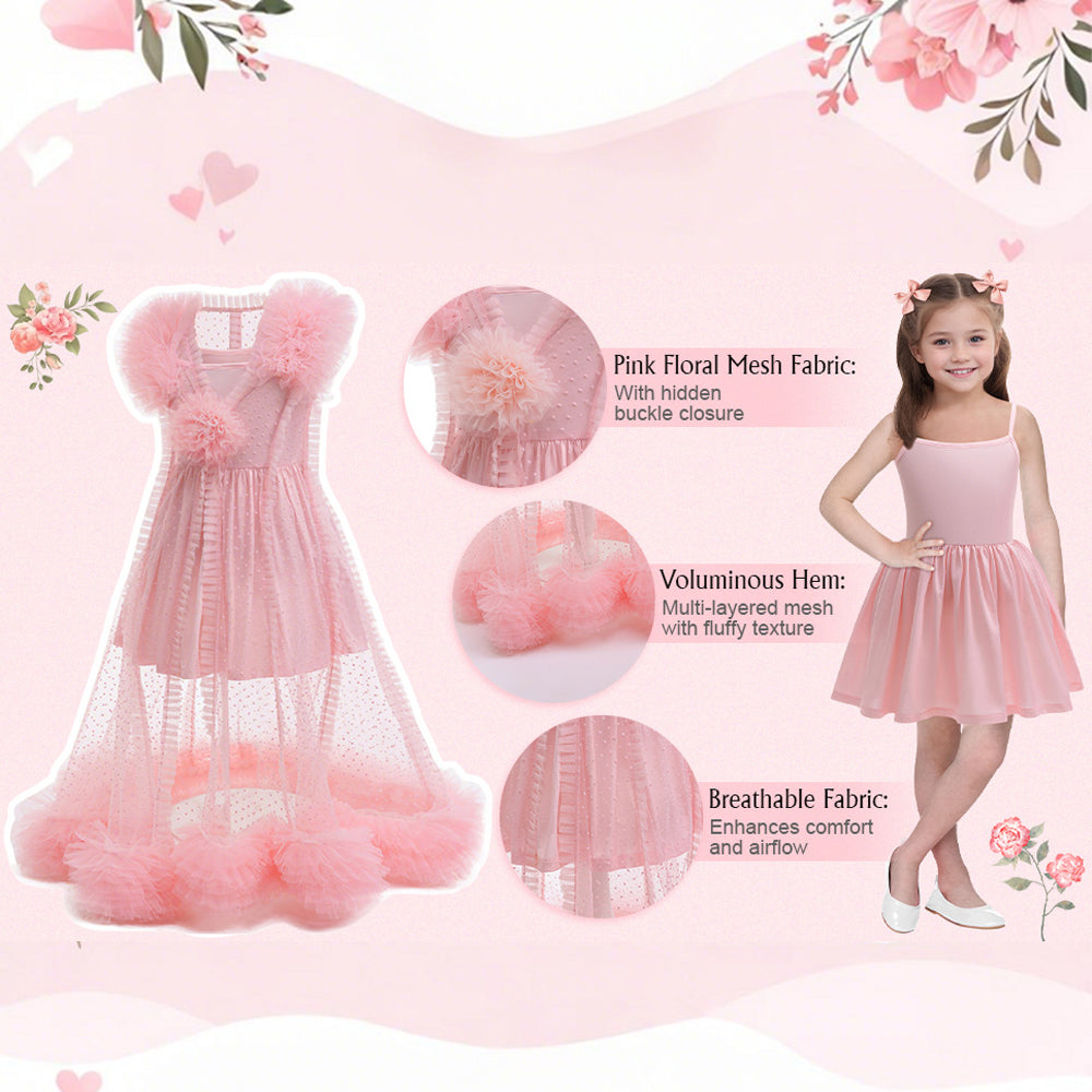 Girls Glinda Dress Good Witch Pink Princess Flowered Ruffled Tulle Gown with Camisole Slip