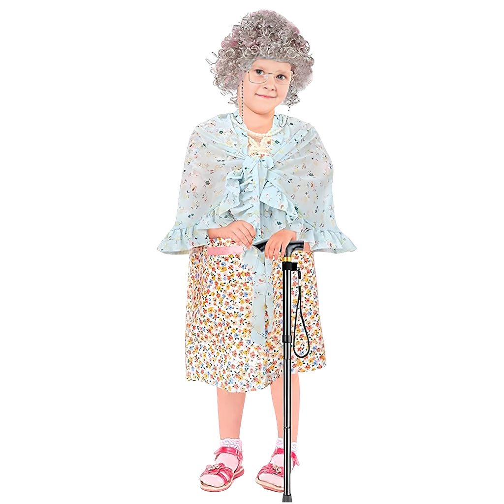 Kids Old Lady Costume 100th Day of School Grandma Outfit Dress and Accessories Full Set