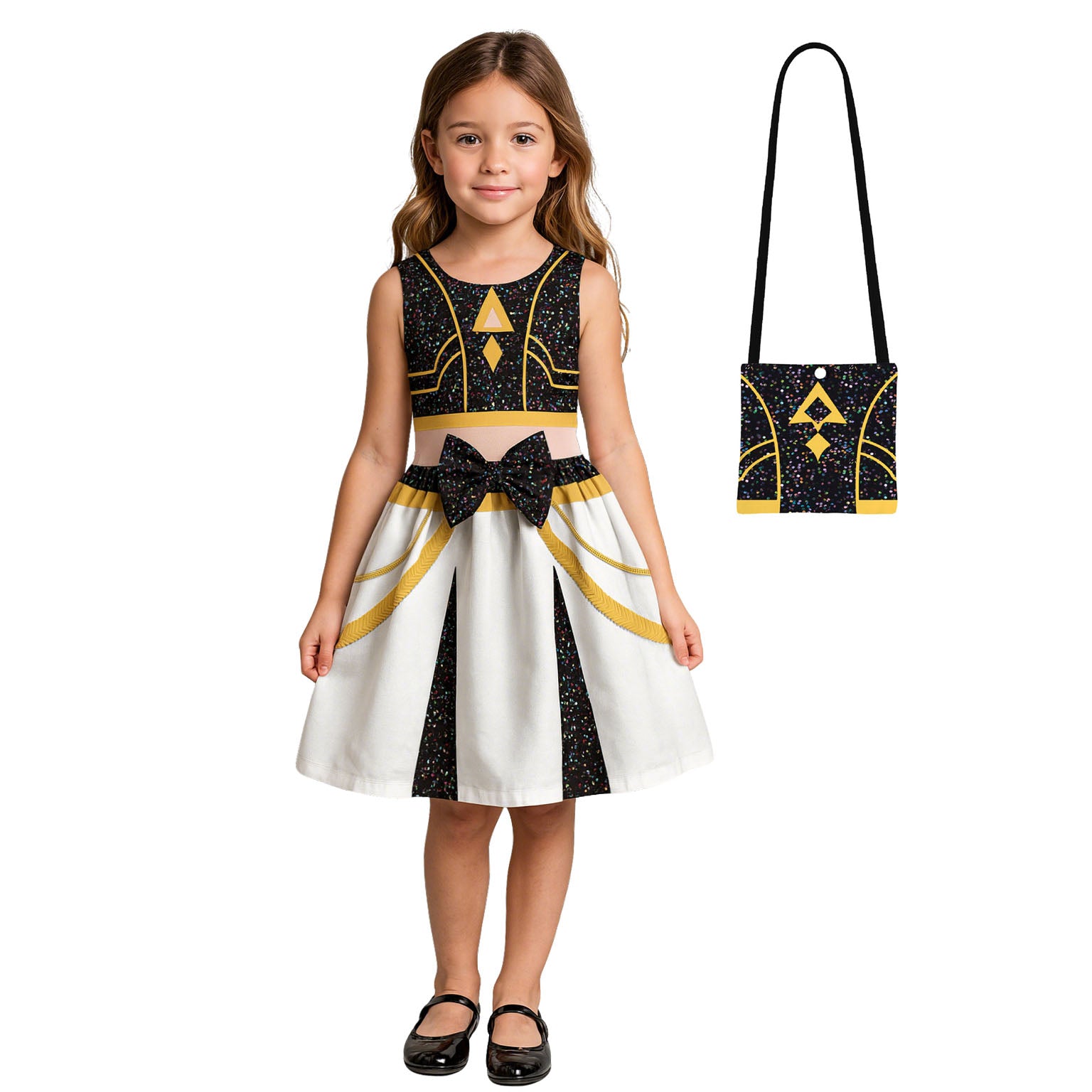 Girls Black Ball Gown Cute Stage Performance Dress and Bag Suit for 4T-10 Years