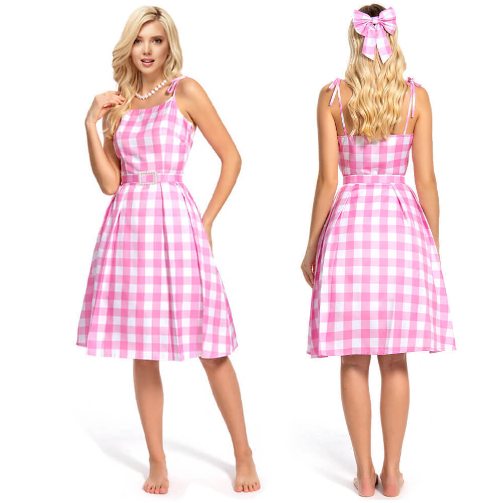 Pink Barbara Plaid Dress with Earrings Necklace and Headwear Included Beach Vacation Dress Up