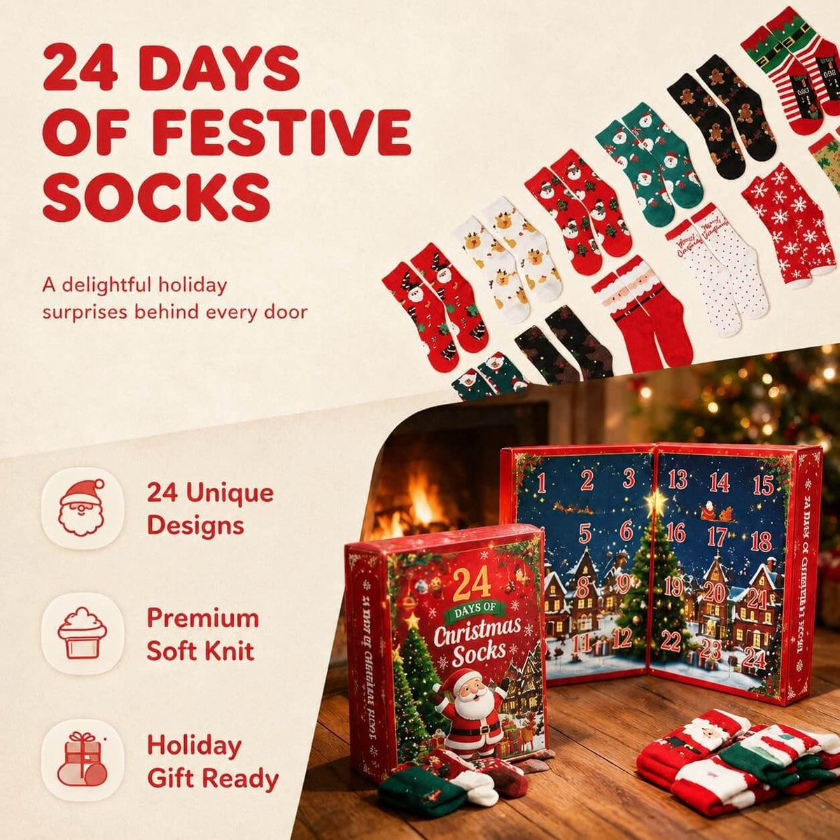 2026 Advent Calendar 24pcs Cotton Christmas Socks Set Christmas Countdown Gift for Family Party Favor