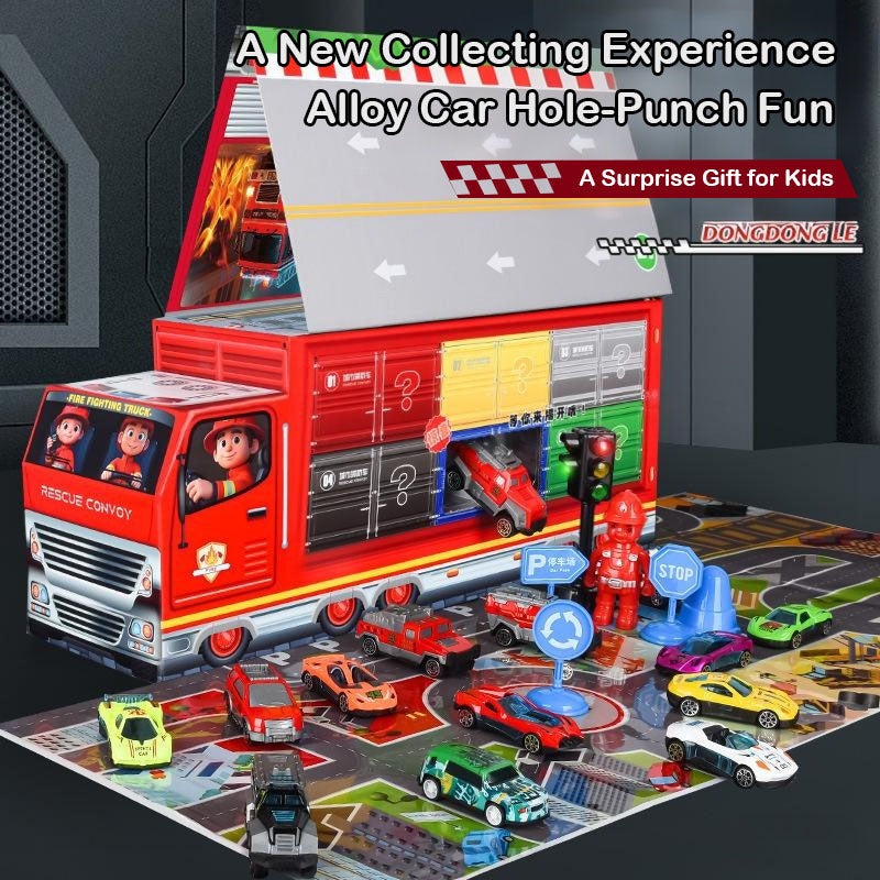 Advent Calendar 2025 Alloy Cars Set Racing Scene Police Car Fire Truck Shaped Blind Box Holiday Gift
