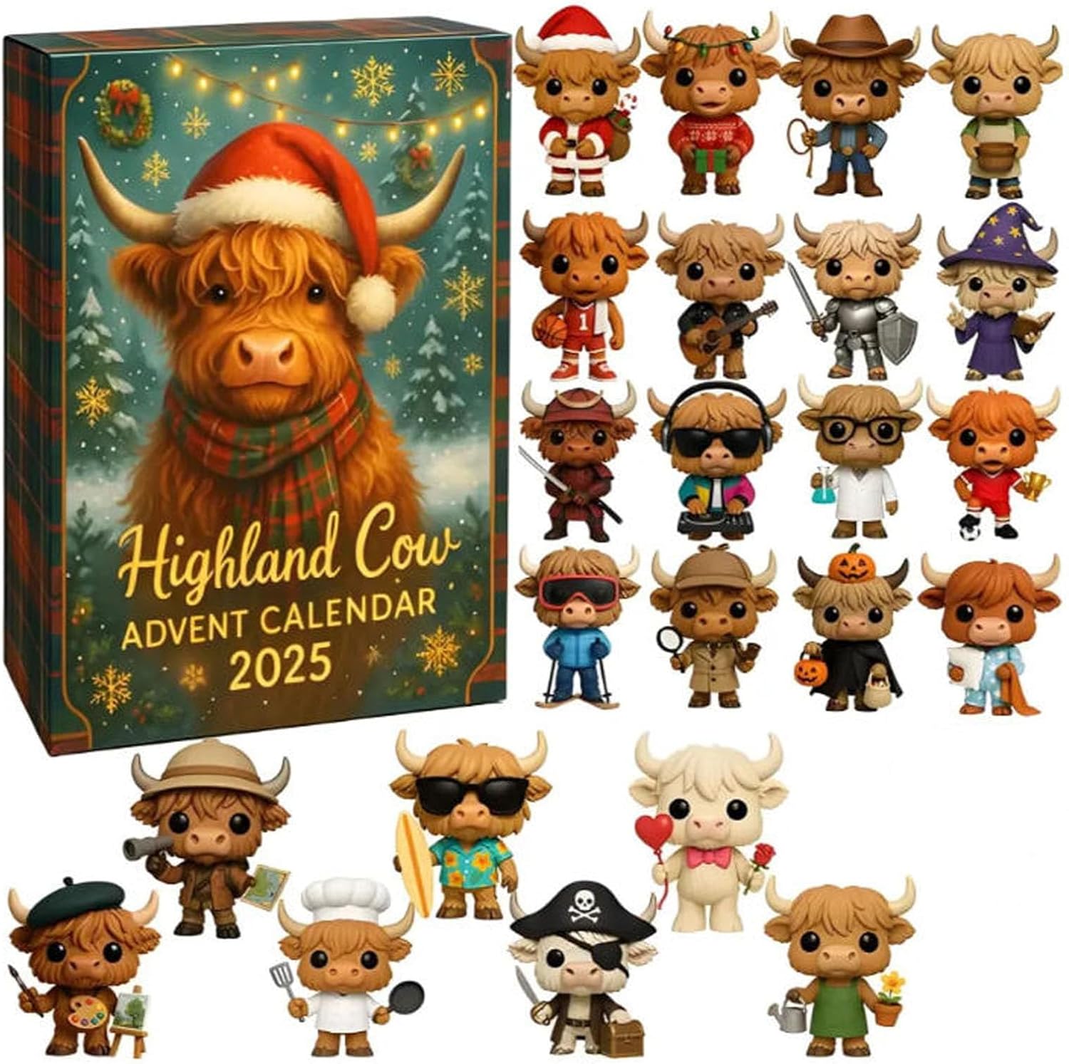 Christmas Advent Calendar 2025 Highland Cow Doll 24pcs Different Ornament Holiday Decorations