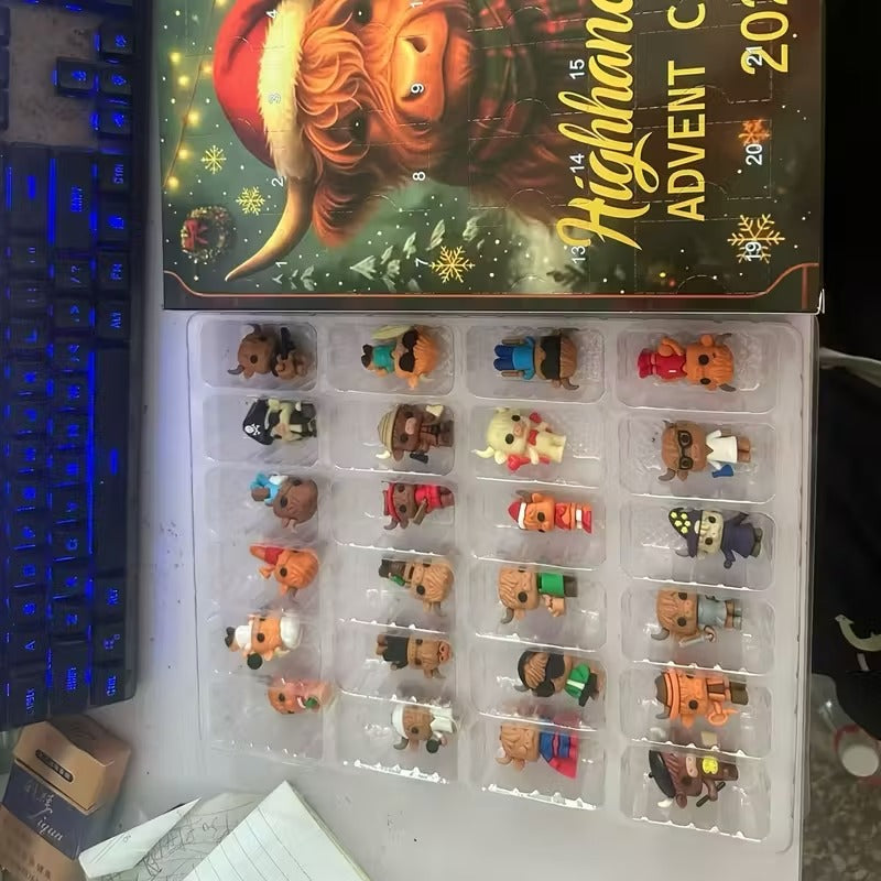 Christmas Advent Calendar 2025 Highland Cow Doll 24pcs Different Ornament Holiday Decorations