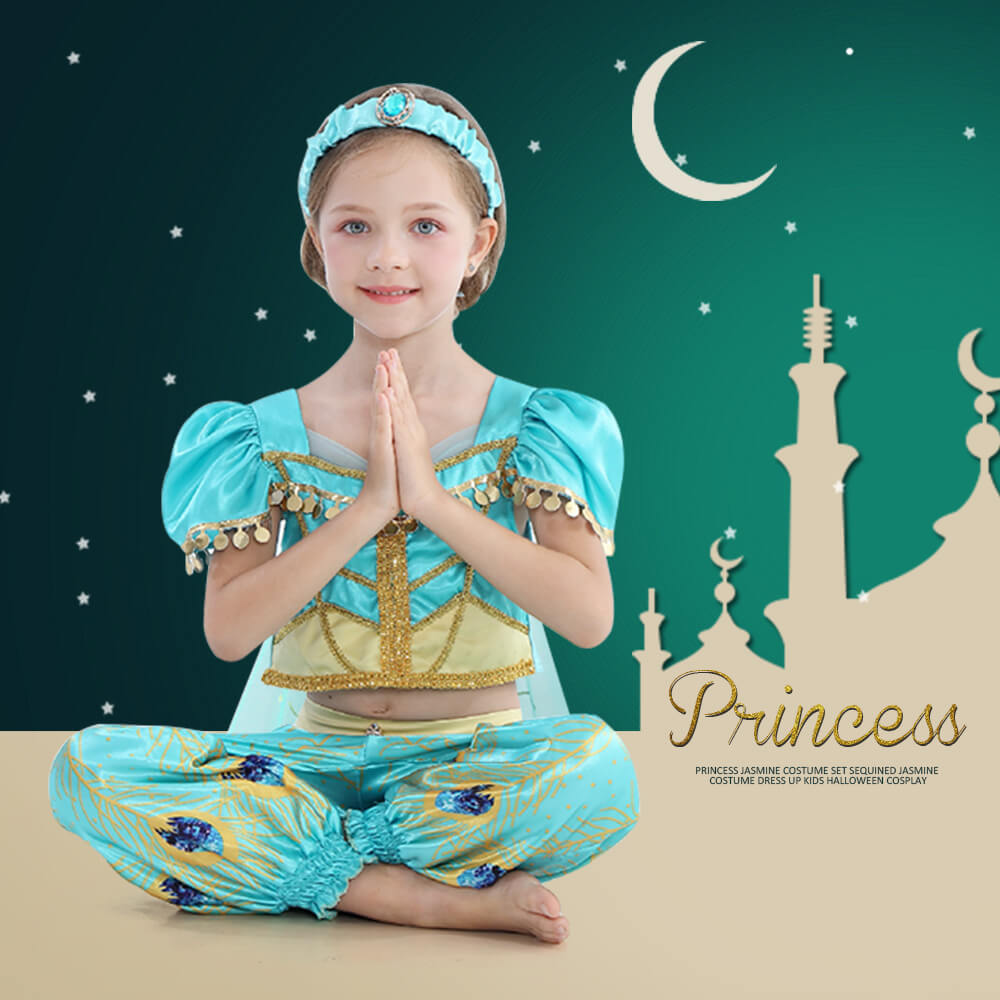 Kids Princess Jasmine Costume Halloween 4-pieces Full Set Cosplay Dres Sun Baby Kids Princess Jasmine Costume Halloween 4-pieces Full Set Cosplay Dres Sun Baby