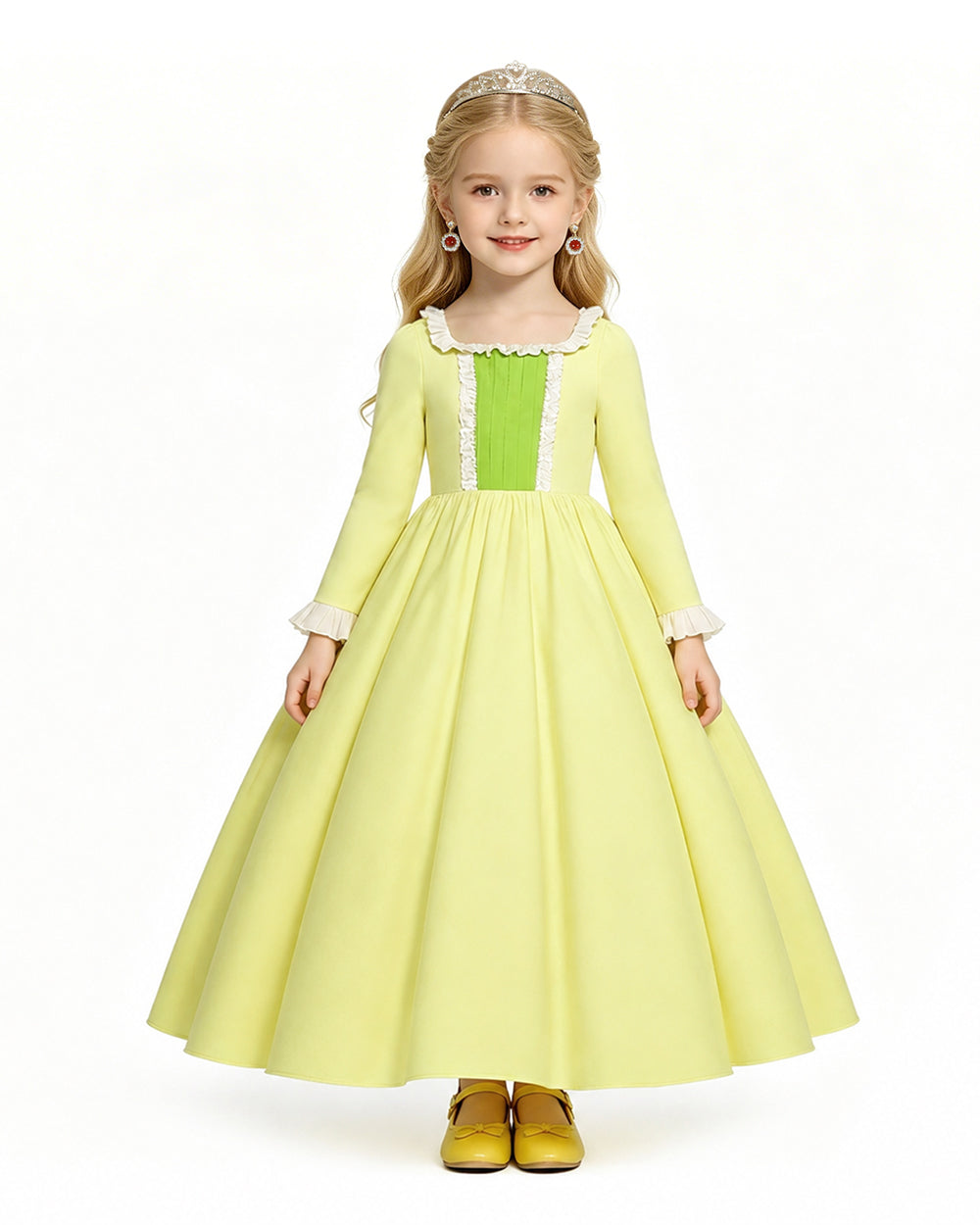 Girls Amber Princess Costume Lime Green Long Sleeve Dress with Crown and Earings for Themed Party