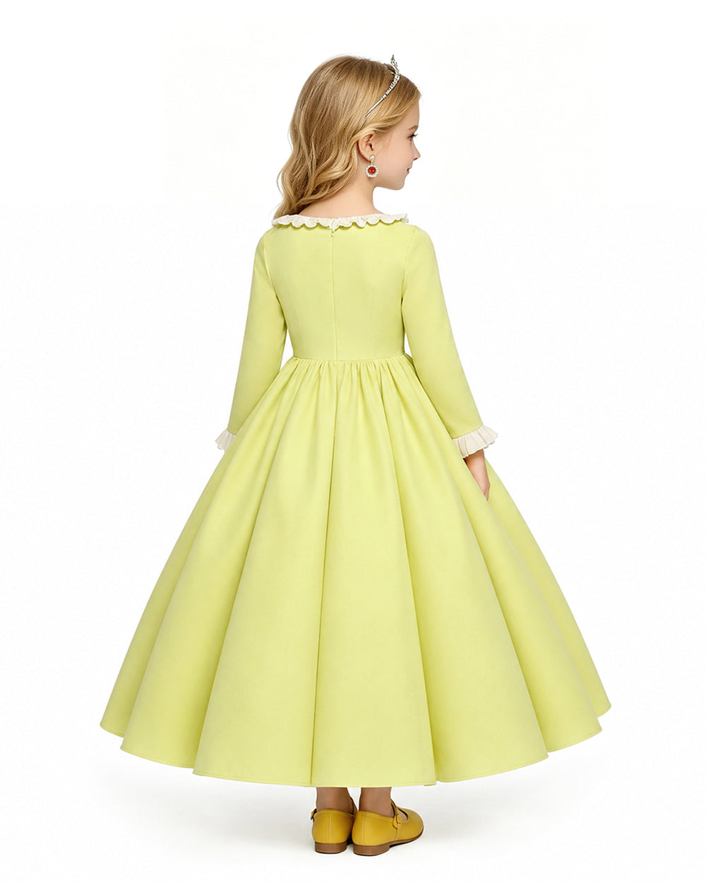 Girls Amber Princess Costume Lime Green Long Sleeve Dress with Crown and Earings for Themed Party