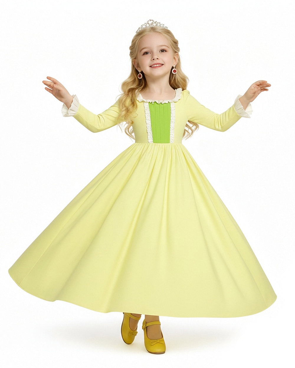 Girls Amber Princess Costume Lime Green Long Sleeve Dress with Crown and Earings for Themed Party