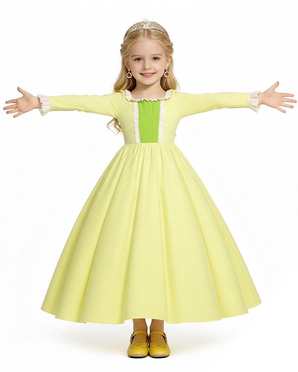 Girls Amber Princess Costume Lime Green Long Sleeve Dress with Crown and Earings for Themed Party