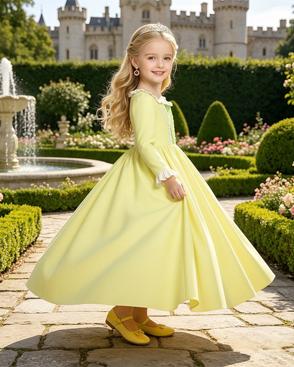 Girls Amber Princess Costume Lime Green Long Sleeve Dress with Crown and Earings for Themed Party