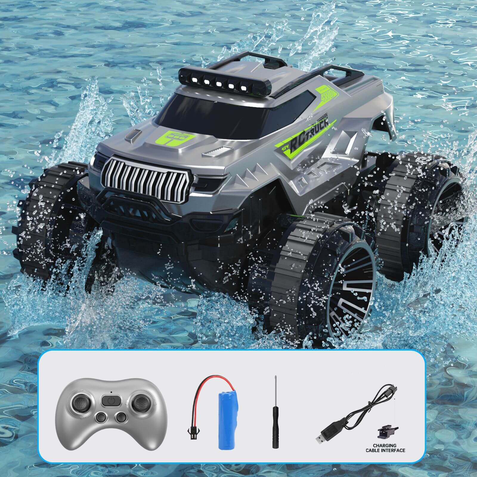 Amphibious RC Car 4WD Waterproof RC Climbing Off-Road Truck with 360° Rotatable and LED Headlights